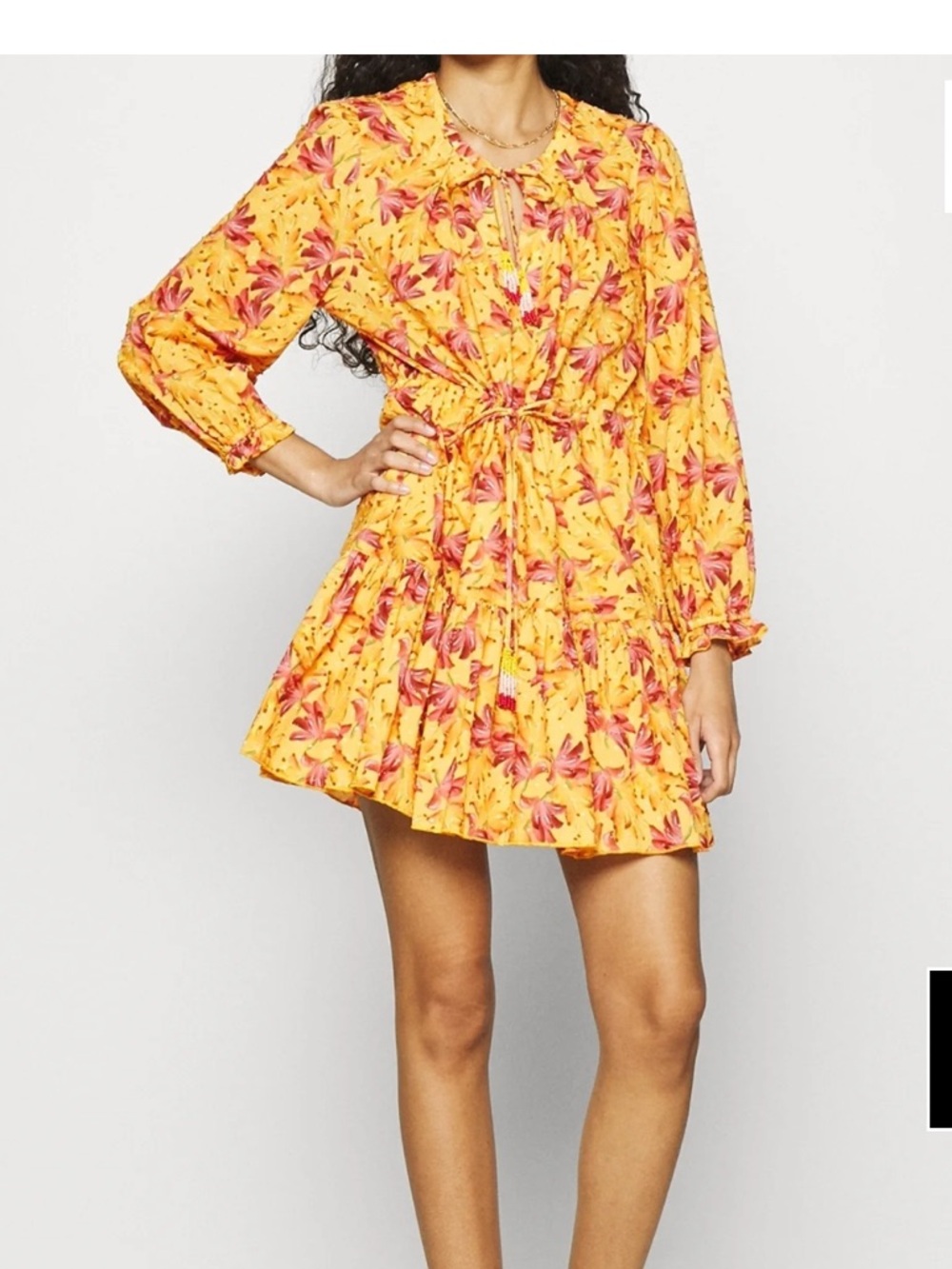 Anthropologie Farm Rio banana sunshine floral mini dress long sleeves yellow S